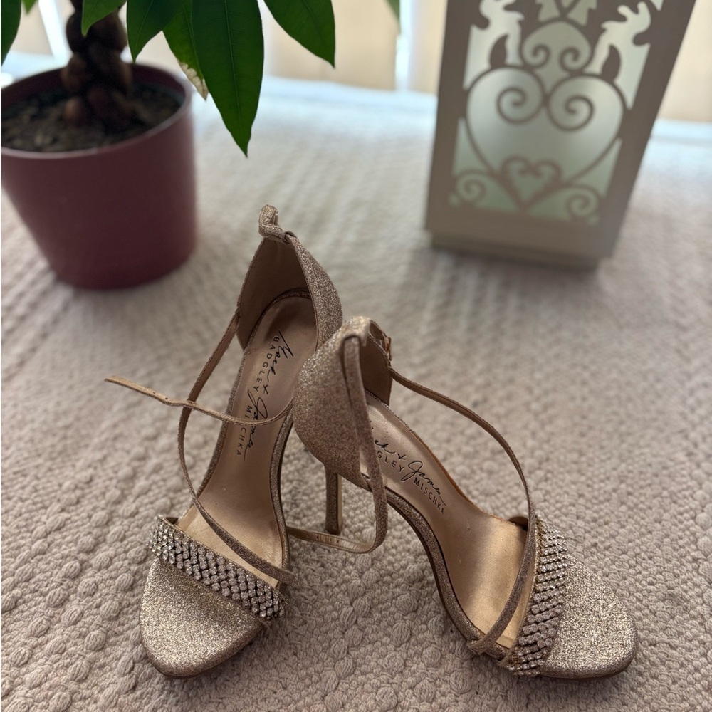 Gold Glitter High Heels with Rhinestone Straps